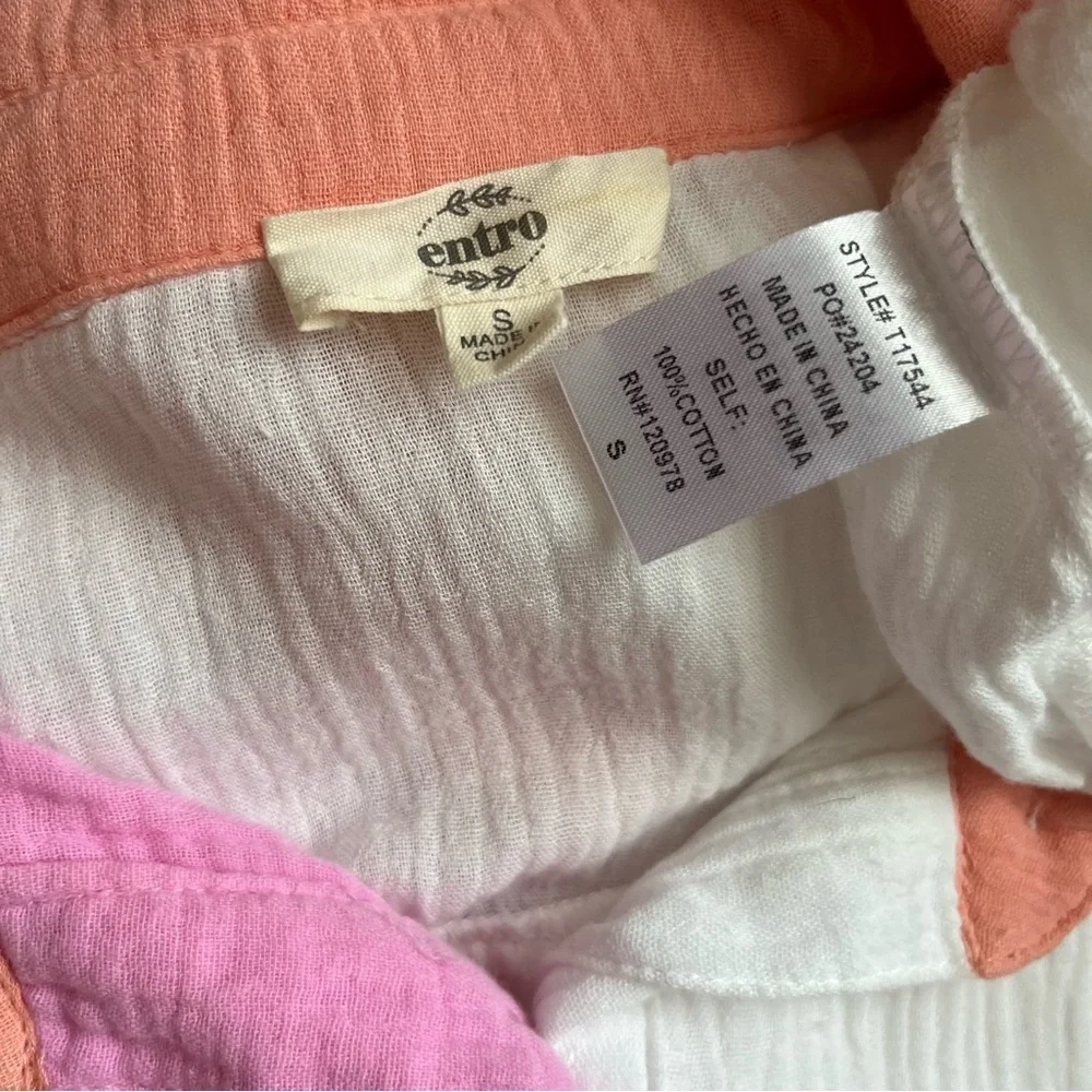 ENTRO COLOR BLOCK BUTTON UP COLLARED COTTON GAUZY TOP SIZE SMALL - Picture 15 of 15